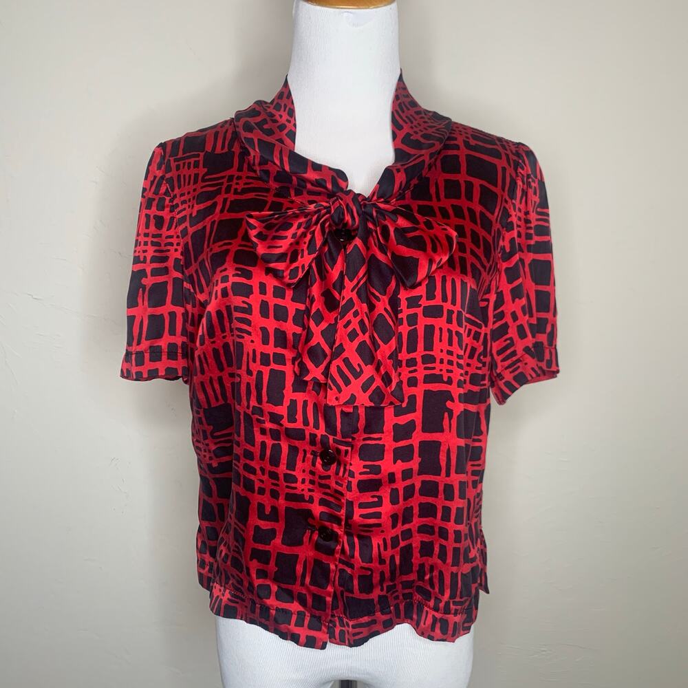 Vintage Black Red Silk Tie Neck Blouse Sz modern medium